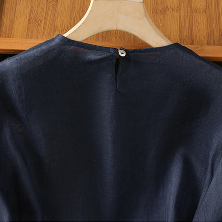 Buddha Stones Casual Pure Color Crew Neck Women's Cotton Linen Three Quarter Sleeve Shirt - image 2