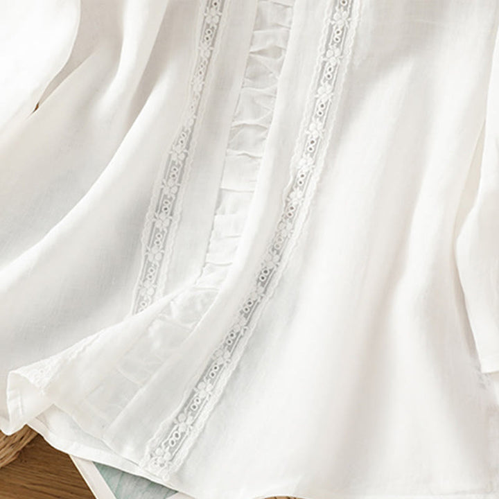 Buddha Stones Casual Pure Color Crew Neck Women's Cotton Linen Three Quarter Sleeve Shirt - image 9