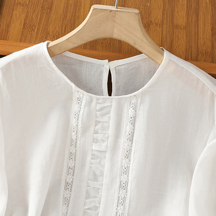 Buddha Stones Casual Pure Color Crew Neck Women's Cotton Linen Three Quarter Sleeve Shirt - image 13