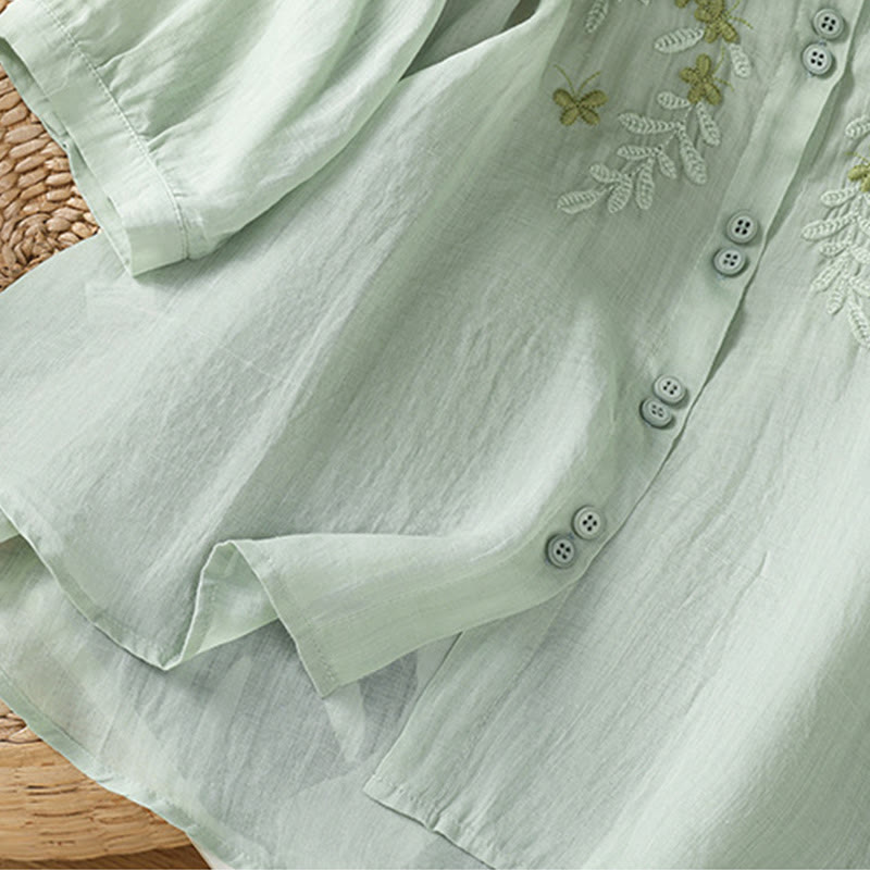 Buddha Stones Casual Plant Embroidery Stand Collar Women's Cotton Blend Three Quarter Sleeve Shirt - image 6