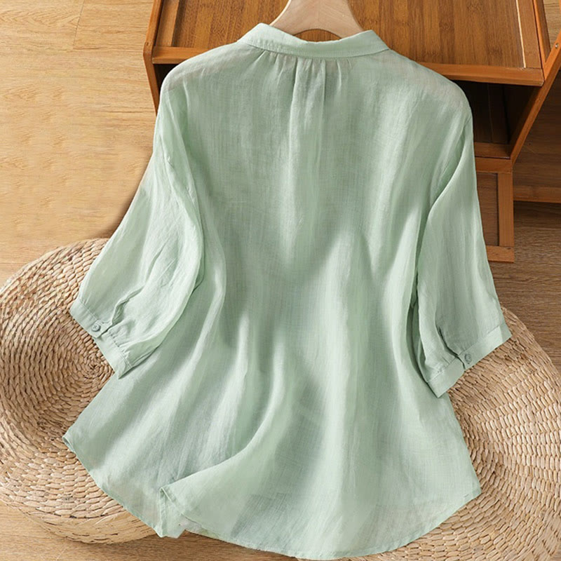 Buddha Stones Casual Plant Embroidery Stand Collar Women's Cotton Blend Three Quarter Sleeve Shirt - image 1