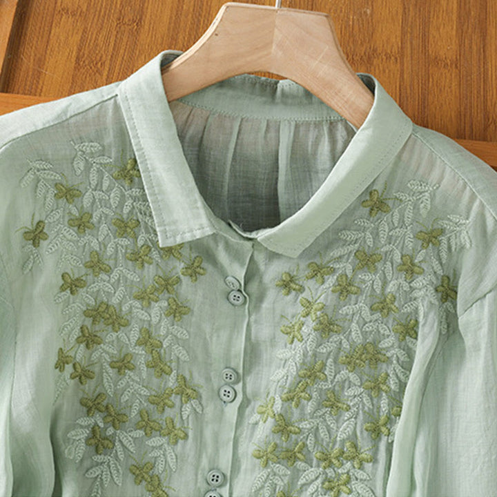 Buddha Stones Casual Plant Embroidery Stand Collar Women's Cotton Blend Three Quarter Sleeve Shirt - image 9