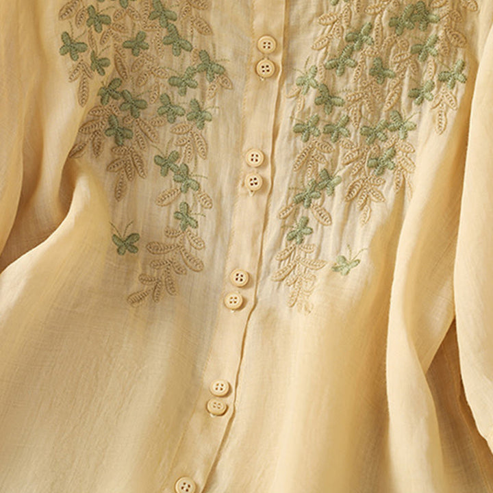 Buddha Stones Casual Plant Embroidery Stand Collar Women's Cotton Blend Three Quarter Sleeve Shirt - image 15