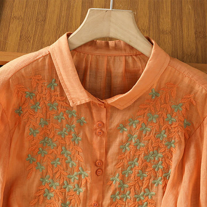 Buddha Stones Casual Plant Embroidery Stand Collar Women's Cotton Blend Three Quarter Sleeve Shirt - image 22