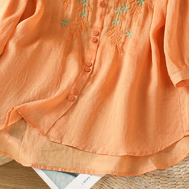 Buddha Stones Casual Plant Embroidery Stand Collar Women's Cotton Blend Three Quarter Sleeve Shirt - image 28