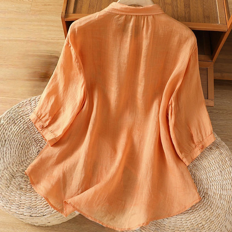 Buddha Stones Casual Plant Embroidery Stand Collar Women's Cotton Blend Three Quarter Sleeve Shirt - image 26