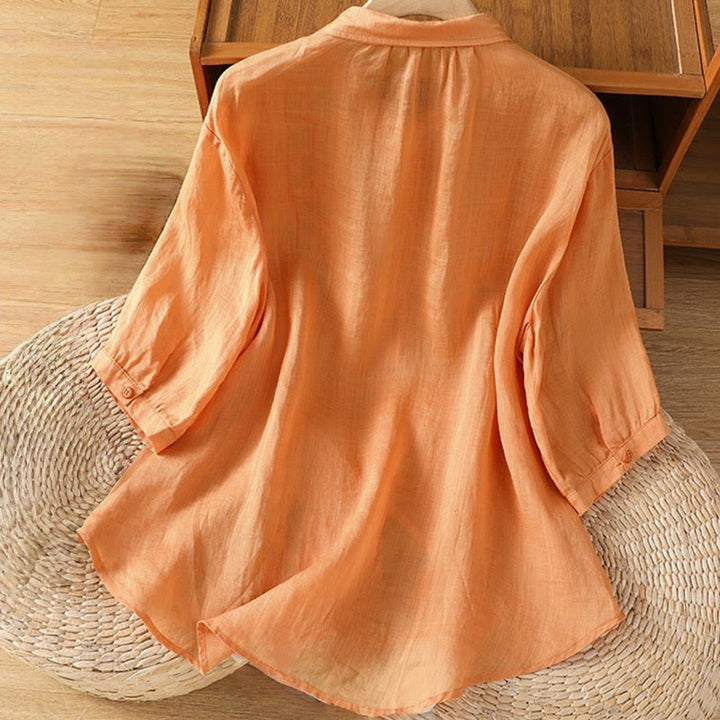 Buddha Stones Casual Plant Embroidery Stand Collar Women's Cotton Blend Three Quarter Sleeve Shirt - image 26