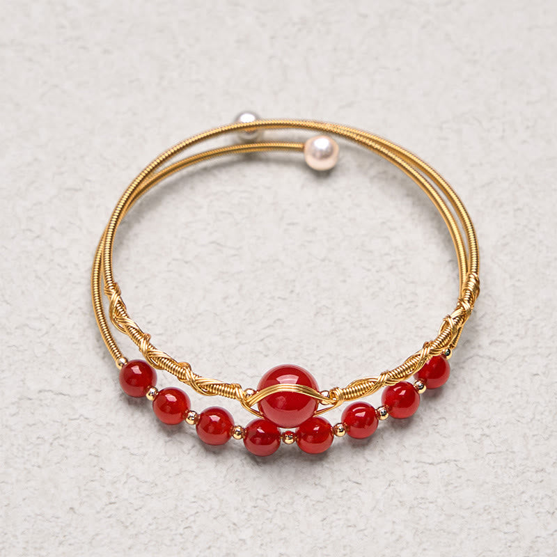 Buddha Stones 14K Gold Filled Copper Natural Red Agate Beads Confidence Metal Cuff Bracelet Bangle - image 4