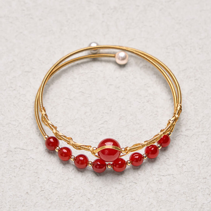 Buddha Stones 14K Gold Filled Copper Natural Red Agate Beads Confidence Metal Cuff Bracelet Bangle - image 4