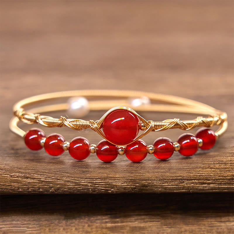 Buddha Stones 14K Gold Filled Copper Natural Red Agate Beads Confidence Metal Cuff Bracelet Bangle - image 2