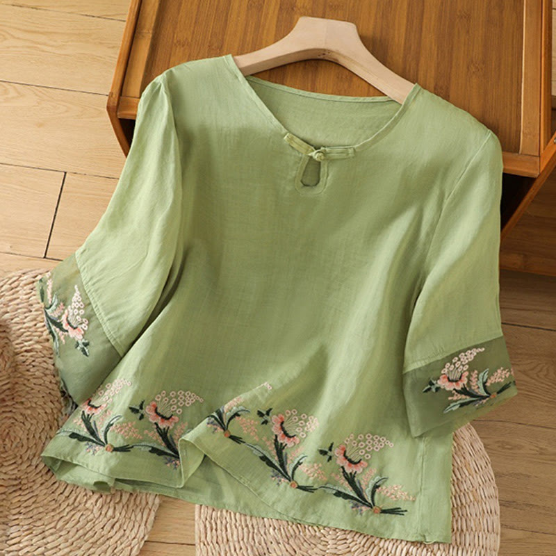 Buddha Stones Casual Floral Embroidery Crew Neck Women's Frog-Button Polyester Half Sleeve Shirt - YellowGreen - US8-10，UK/AU12-14，EU40-42 (2XL) - image 0