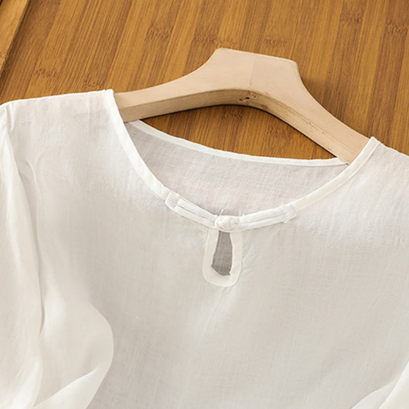 Buddha Stones Casual Floral Embroidery Crew Neck Women's Frog-Button Polyester Half Sleeve Shirt - image 8