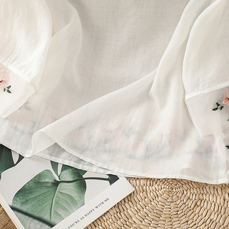 Buddha Stones Casual Floral Embroidery Crew Neck Women's Frog-Button Polyester Half Sleeve Shirt - image 11