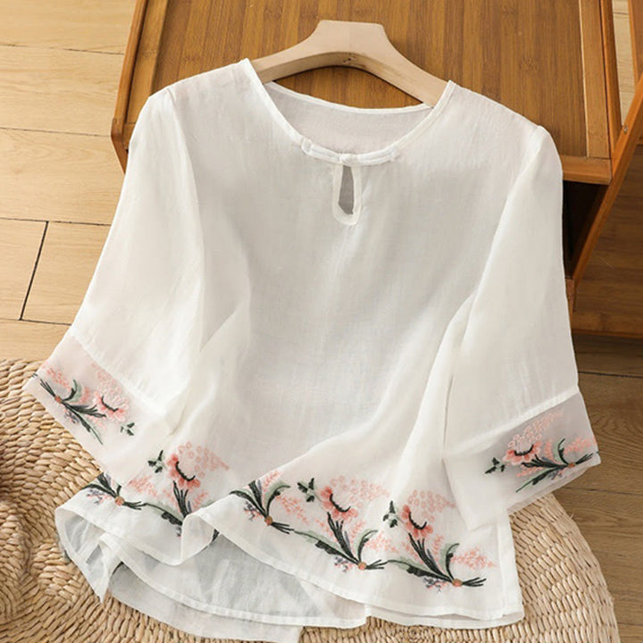 Buddha Stones Casual Floral Embroidery Crew Neck Women's Frog-Button Polyester Half Sleeve Shirt - White - US8-10，UK/AU12-14，EU40-42 (2XL) - image 6