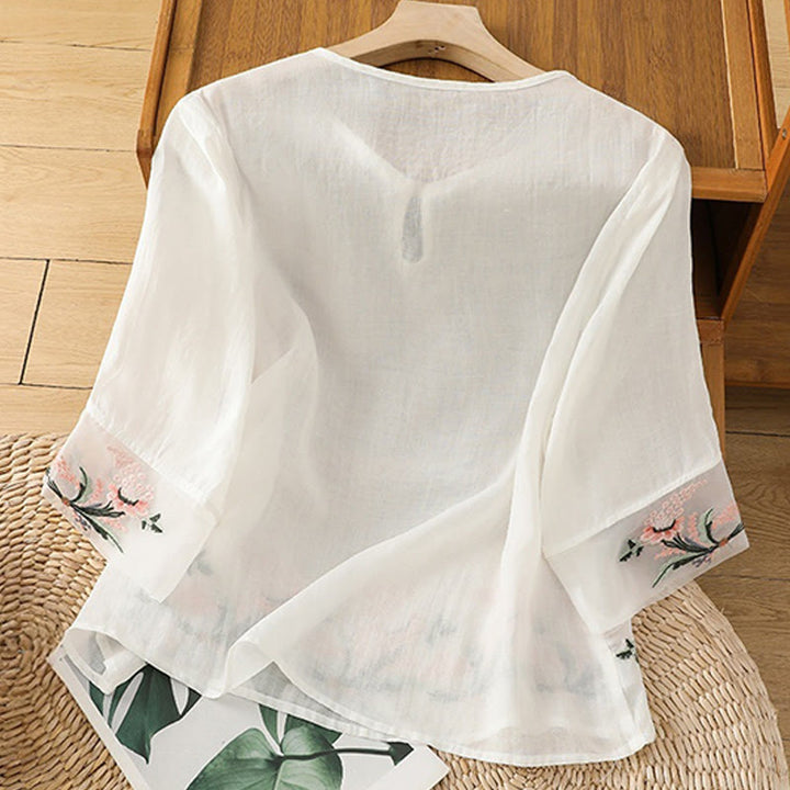 Buddha Stones Casual Floral Embroidery Crew Neck Women's Frog-Button Polyester Half Sleeve Shirt - image 7