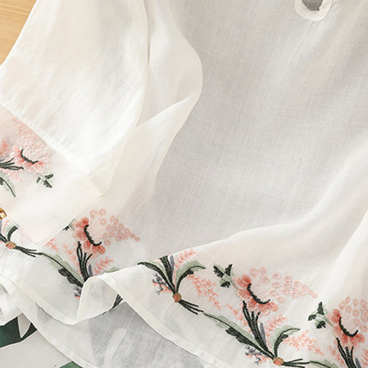 Buddha Stones Casual Floral Embroidery Crew Neck Women's Frog-Button Polyester Half Sleeve Shirt - image 14