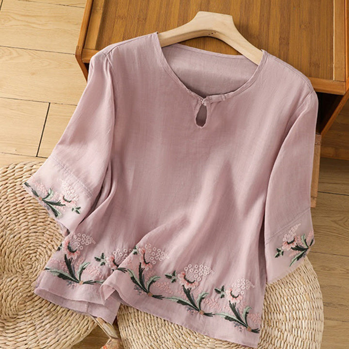 Buddha Stones Casual Floral Embroidery Crew Neck Women's Frog-Button Polyester Half Sleeve Shirt - Plum - US8-10，UK/AU12-14，EU40-42 (2XL) - image 15