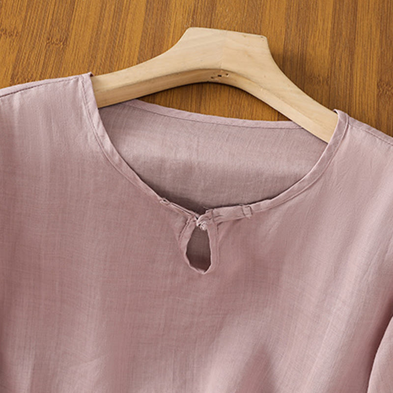 Buddha Stones Casual Floral Embroidery Crew Neck Women's Frog-Button Polyester Half Sleeve Shirt - image 19