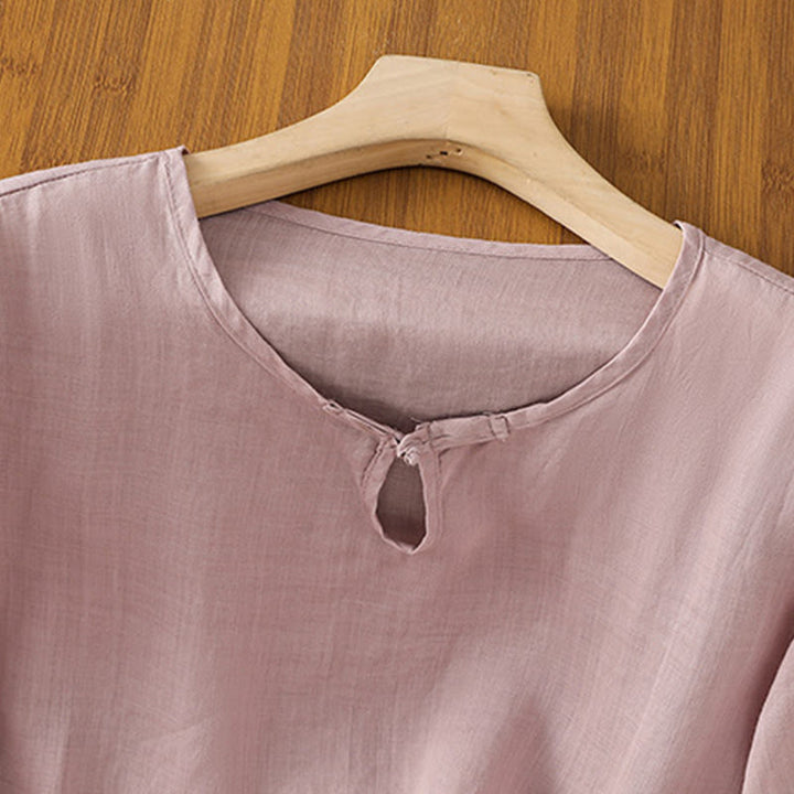 Buddha Stones Casual Floral Embroidery Crew Neck Women's Frog-Button Polyester Half Sleeve Shirt - image 19