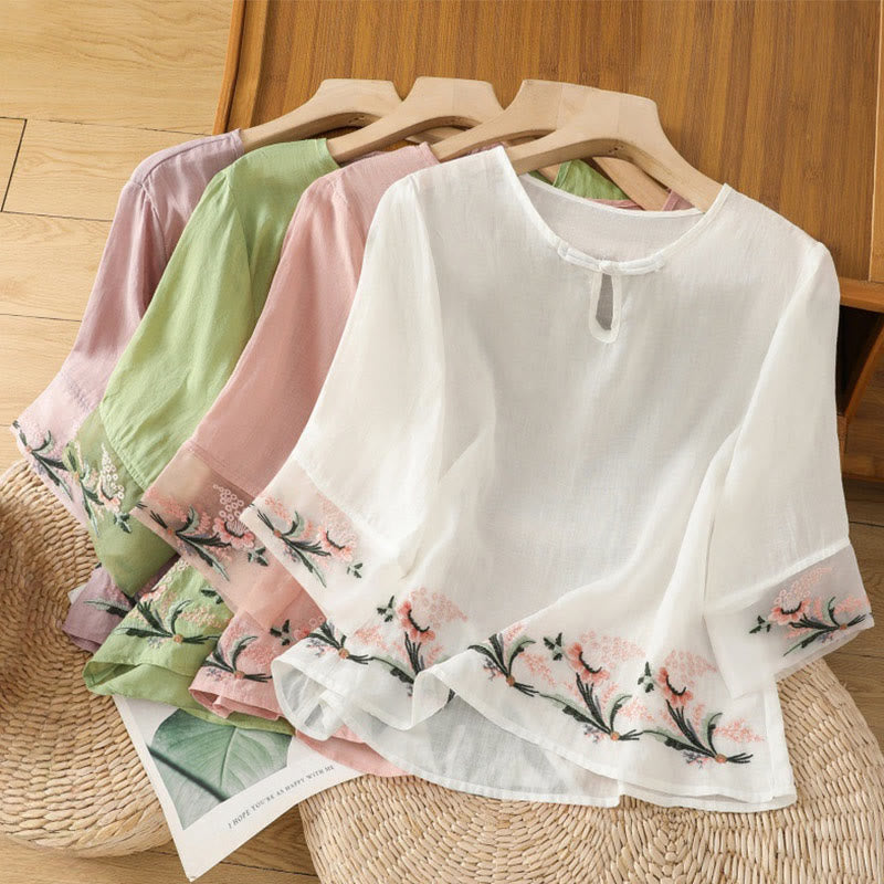 Buddha Stones Casual Floral Embroidery Crew Neck Women's Frog-Button Polyester Half Sleeve Shirt - image 28