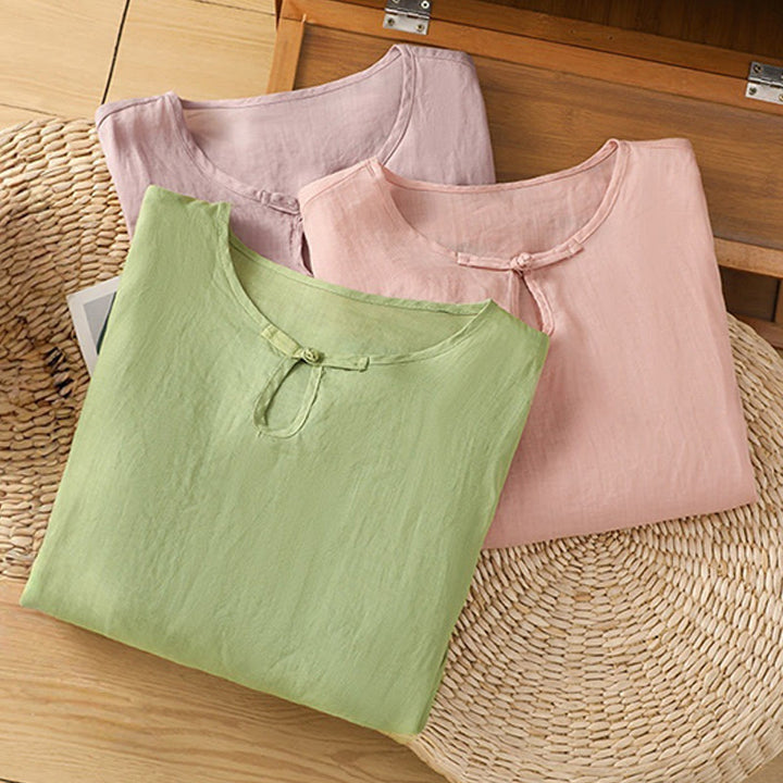 Buddha Stones Casual Floral Embroidery Crew Neck Women's Frog-Button Polyester Half Sleeve Shirt - image 29