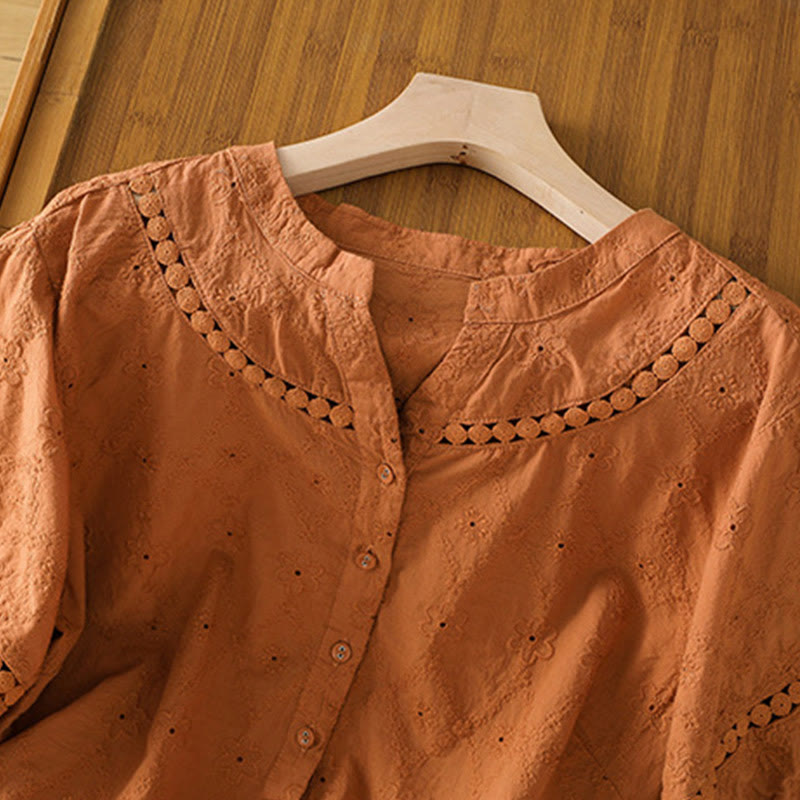 Buddha Stones Casual Plain Hollow Notched Women's Cotton Linen Half Sleeve Shirt - image 2