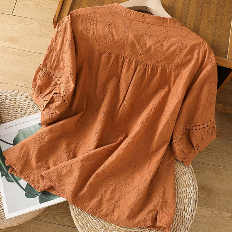 Buddha Stones Casual Plain Hollow Notched Women's Cotton Linen Half Sleeve Shirt - image 1