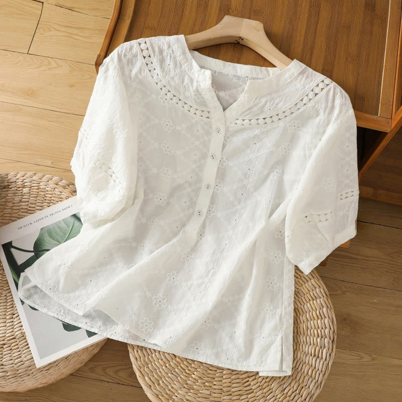 Buddha Stones Casual Plain Hollow Notched Women's Cotton Linen Half Sleeve Shirt - White - US8-10，UK/AU12-14，EU40-42 (2XL) - image 7