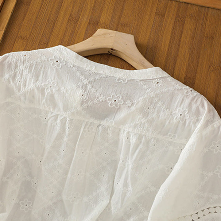 Buddha Stones Casual Plain Hollow Notched Women's Cotton Linen Half Sleeve Shirt - image 10