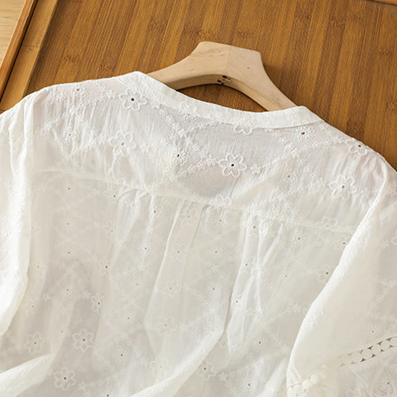 Buddha Stones Casual Plain Hollow Notched Women's Cotton Linen Half Sleeve Shirt - image 12