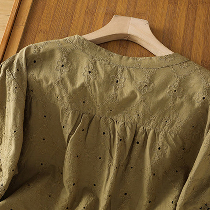 Buddha Stones Casual Plain Hollow Notched Women's Cotton Linen Half Sleeve Shirt - image 20