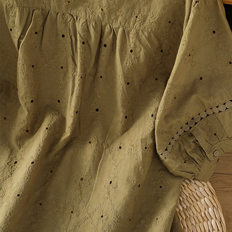 Buddha Stones Casual Plain Hollow Notched Women's Cotton Linen Half Sleeve Shirt - image 22