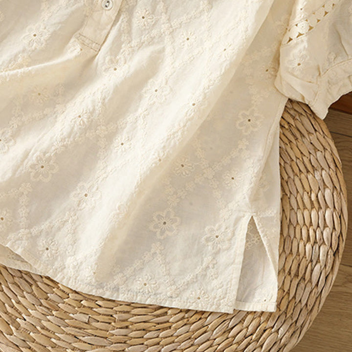 Buddha Stones Casual Plain Hollow Notched Women's Cotton Linen Half Sleeve Shirt - image 30