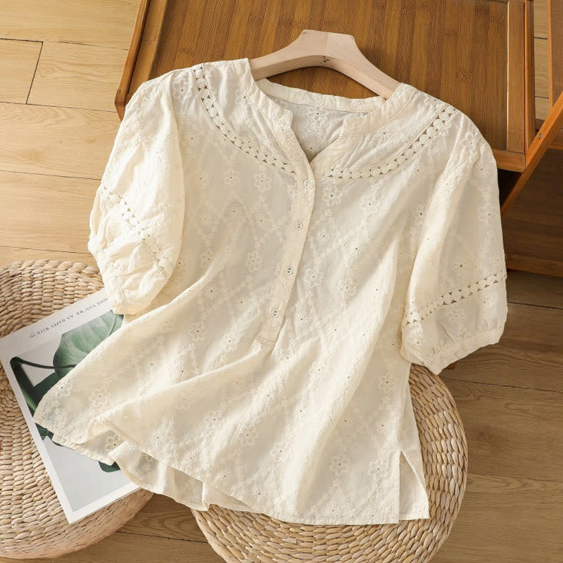 Buddha Stones Casual Plain Hollow Notched Women's Cotton Linen Half Sleeve Shirt - LightYellow - US8-10，UK/AU12-14，EU40-42 (2XL) - image 24