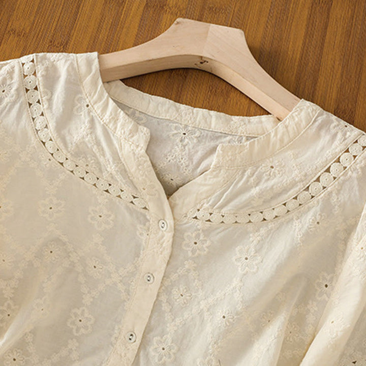 Buddha Stones Casual Plain Hollow Notched Women's Cotton Linen Half Sleeve Shirt - image 25