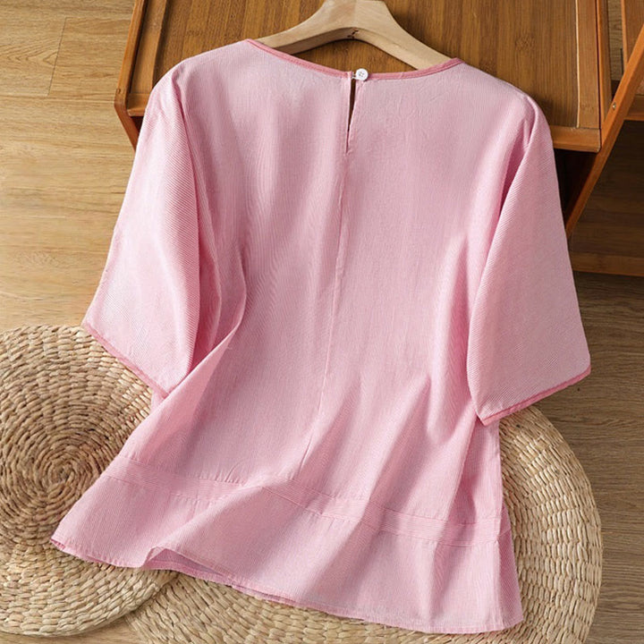 Buddha Stones Pullover Stripes Crew Neck Design Women's Cotton Short Sleeves Shirt - image 7