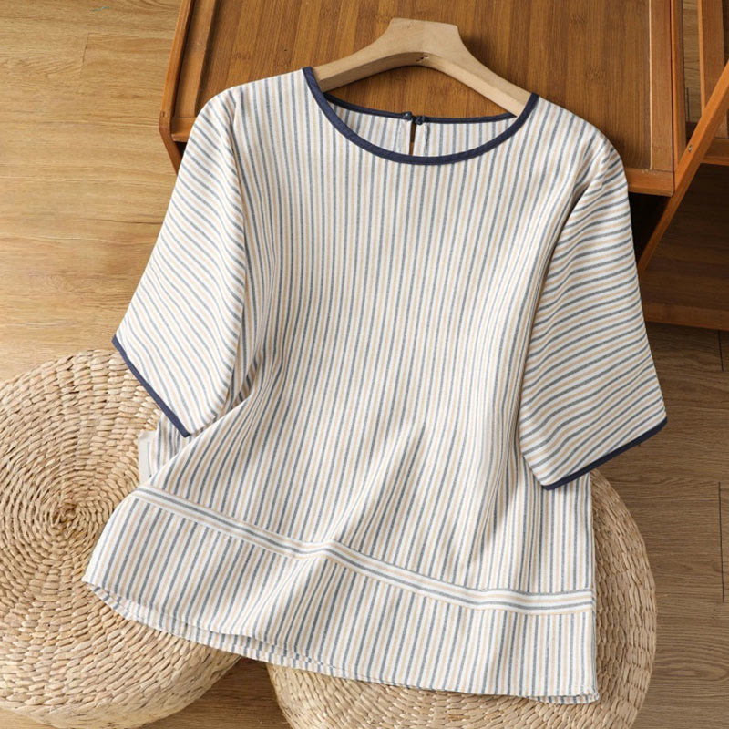 Buddha Stones Pullover Stripes Crew Neck Design Women's Cotton Short Sleeves Shirt - White - US8-10，UK/AU12-14，EU40-42 (2XL) - image 13