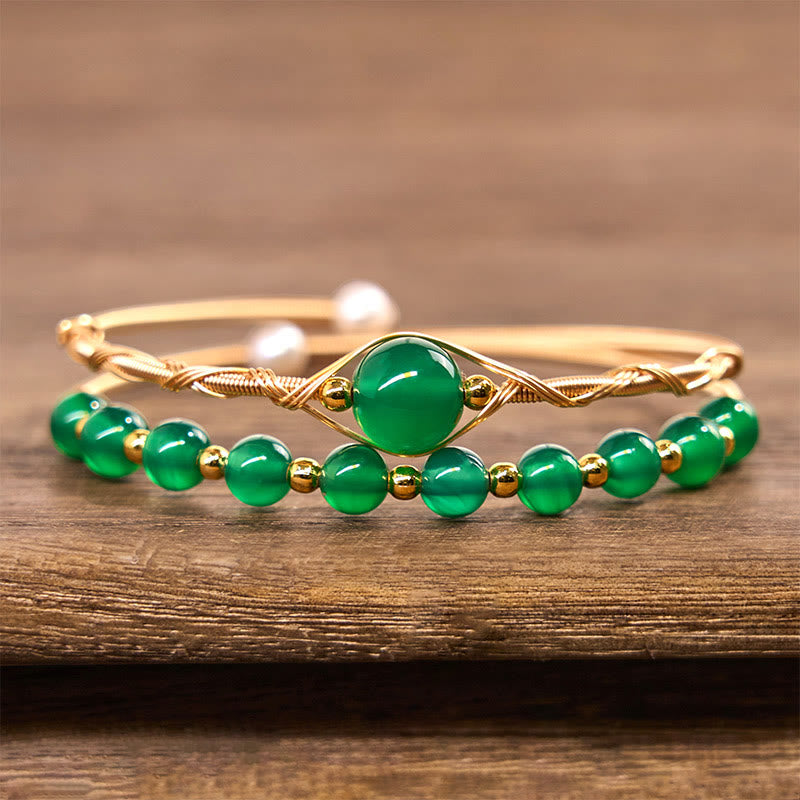 Buddha Stones 14K Gold Filled Copper Natural Green Agate Power Metal Cuff Bracelet Bangle - image 2