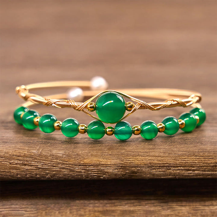 Buddha Stones 14K Gold Filled Copper Natural Green Agate Power Metal Cuff Bracelet Bangle - image 2