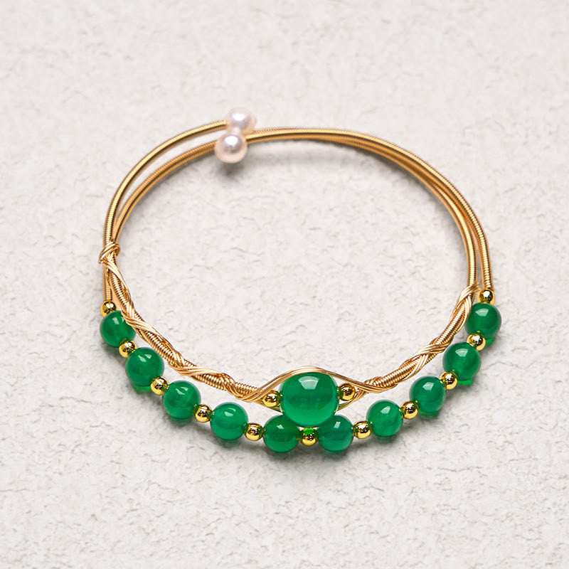 Buddha Stones 14K Gold Filled Copper Natural Green Agate Power Metal Cuff Bracelet Bangle - image 4