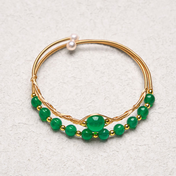 Buddha Stones 14K Gold Filled Copper Natural Green Agate Power Metal Cuff Bracelet Bangle - image 4