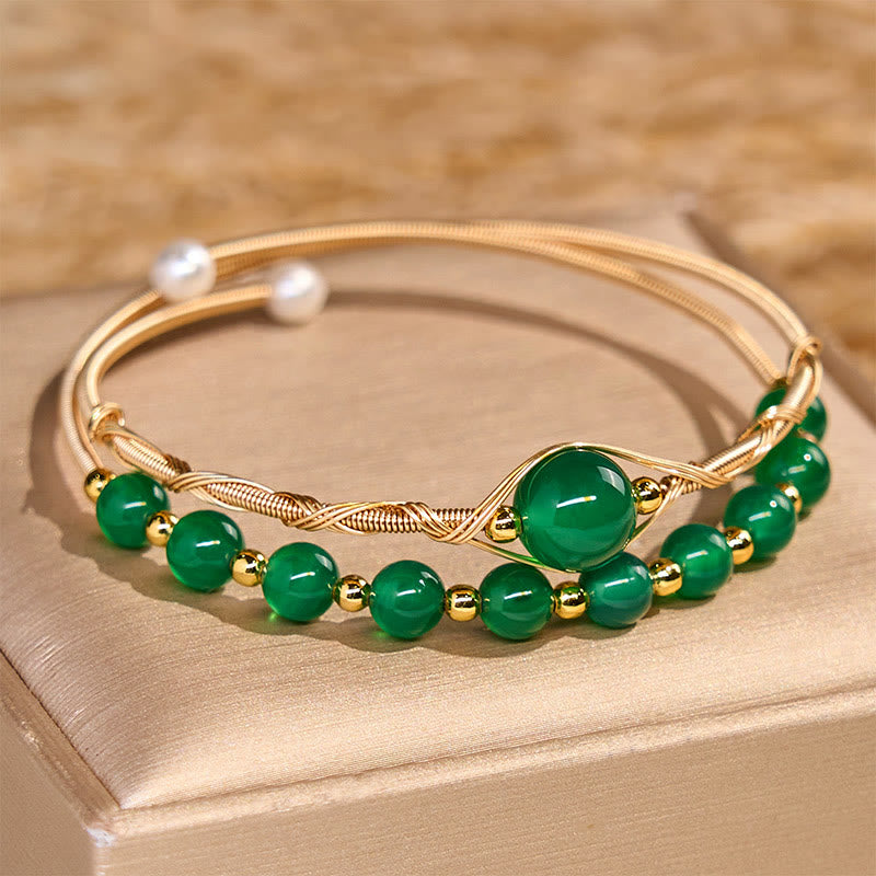 Buddha Stones 14K Gold Filled Copper Natural Green Agate Power Metal Cuff Bracelet Bangle - Green Agate(Wrist Circumference 14-16 cm) - image 1