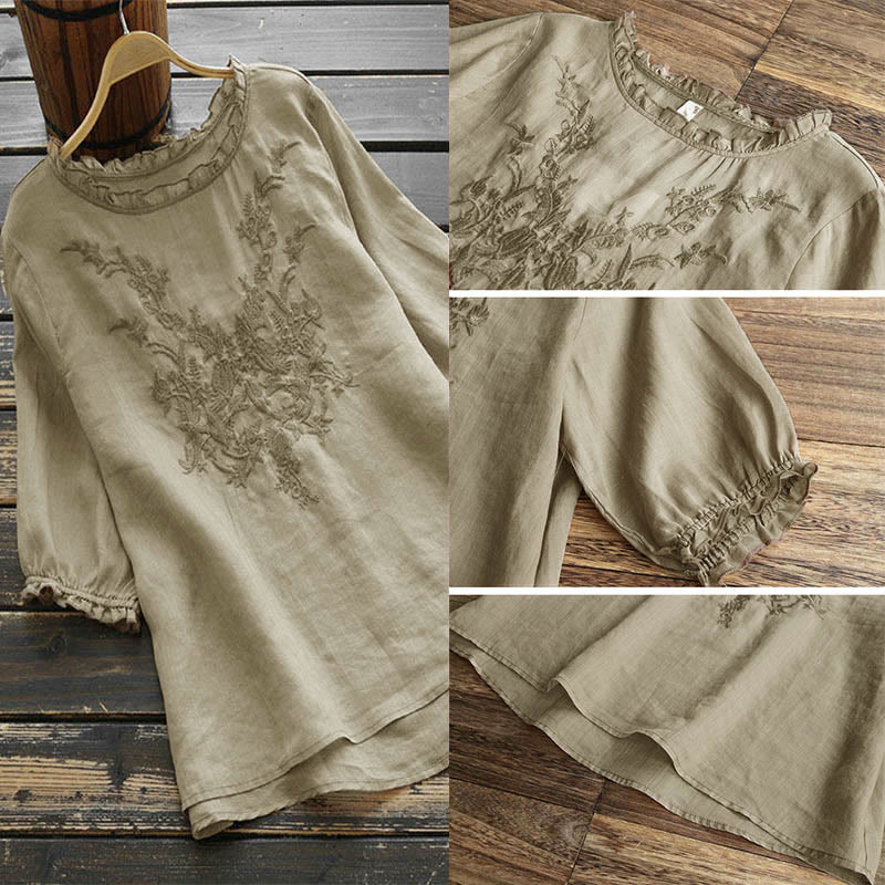 Buddha Stones Women's Flower Embroidery Design Crew Neck T-shirt Tee - image 1