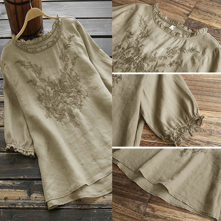 Buddha Stones Women's Flower Embroidery Design Crew Neck T-shirt Tee - image 1