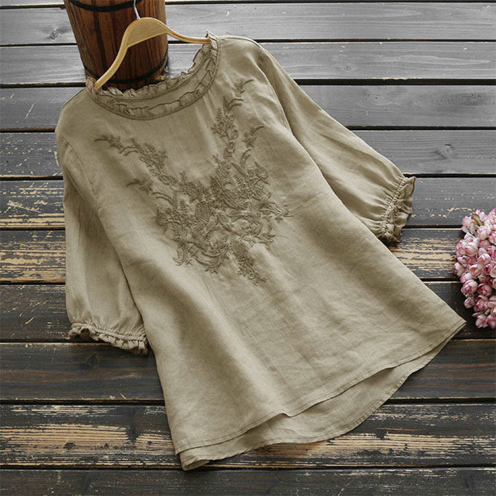 Buddha Stones Women's Flower Embroidery Design Crew Neck T-shirt Tee - BurlyWood - US14，UK/AU18，EU46 (4XL) - image 0