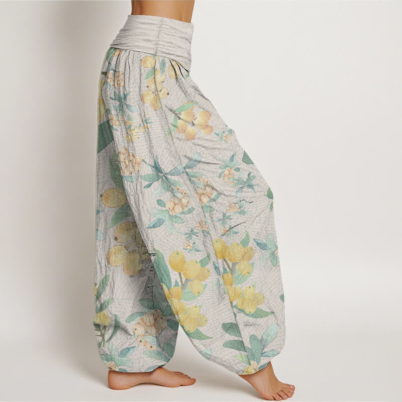 Buddha Stones Pure Cotton Casual Loquat Pattern Women's Elastic Waist Harem Pants