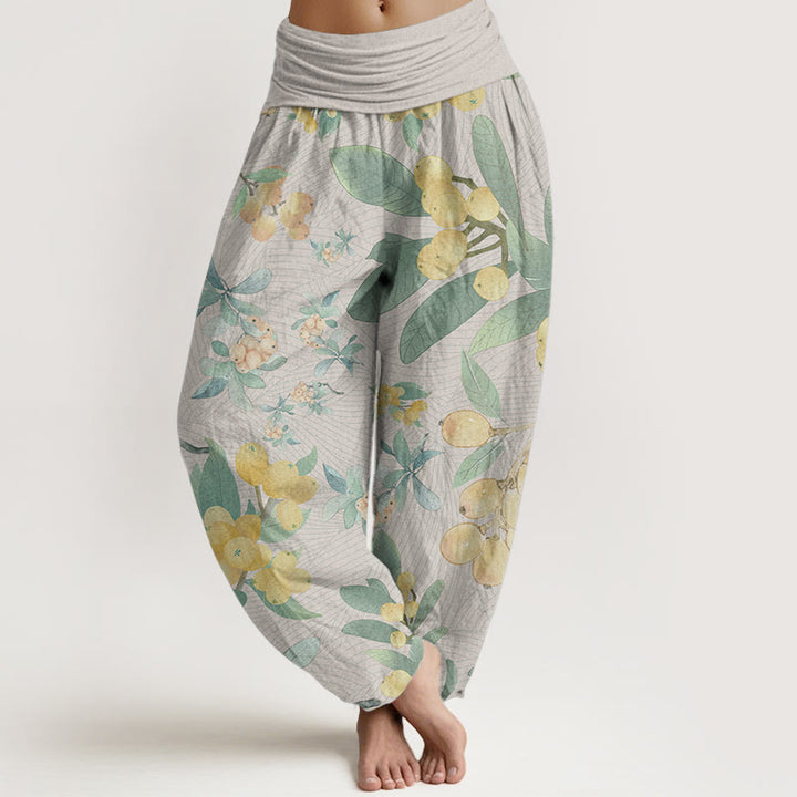 Buddha Stones Pure Cotton Casual Loquat Pattern Women's Elastic Waist Harem Pants