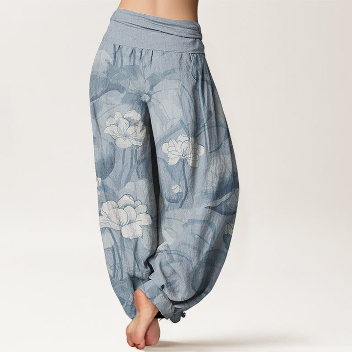 Buddha Stones Pure Cotton Lotus Design Women's Elastic Waist Harem Pants - image 1