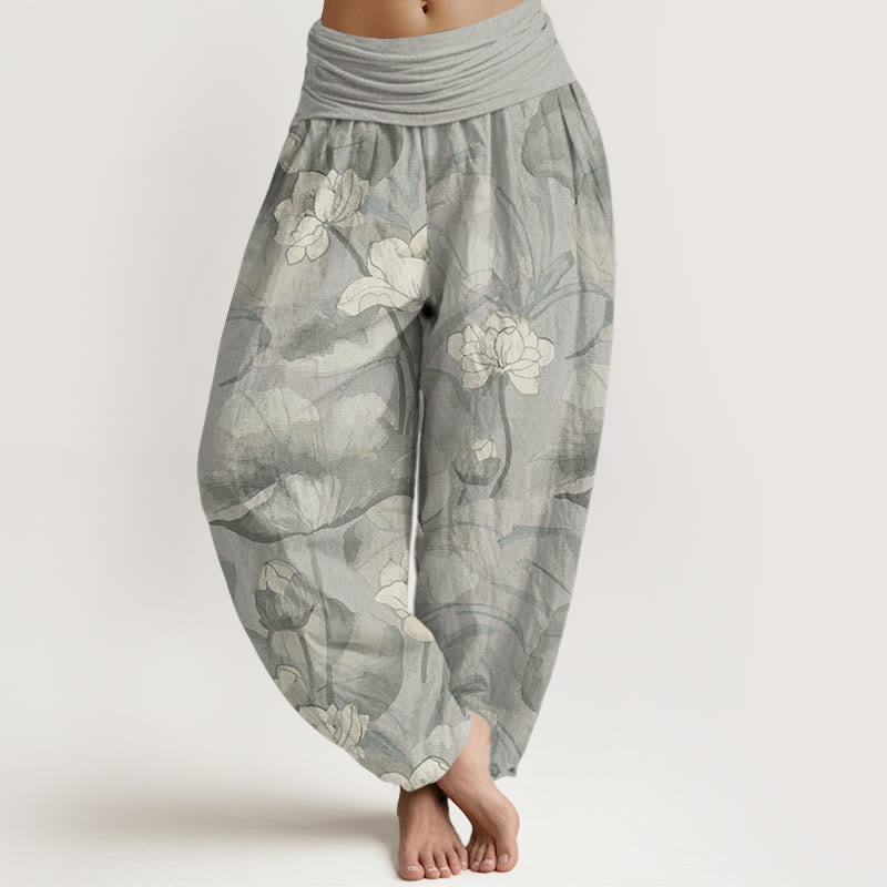 Buddha Stones Pure Cotton Lotus Design Women's Elastic Waist Harem Pants - LightGrey - US22，UK/AU26，EU54 (6XL) - image 9