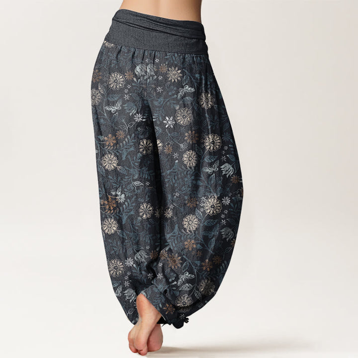 Buddha Stones Pure Cotton Casual New York Aster Flowers Leaves Design Women's Elastic Waist Harem Pants